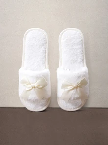 Hatastic New Women's Solid Color Bow Decor Plush Open Toe Slippers, Comfortable Indoor Floor Slippers For All Seasons Halloween - White - View 1
