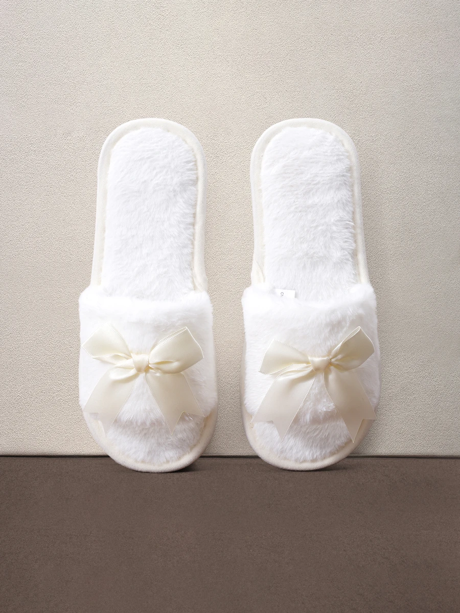 Hatastic New Women's Solid Color Bow Decor Plush Open Toe Slippers, Comfortable Indoor Floor Slippers For All Seasons Halloween - White - View 1