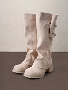 Hatastic Women's Fashion Double-Breasted Side Button Square Heel Round Toe Ankle Boots, Versatile, Minimalist, Slimming, Halloween - Apricot - View 3