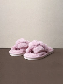 Hatastic Fall/Winter Women's Slippers With Criss-Cross Strap & Fluffy Decor, Slippers Halloween - Dusty Pink - View 3