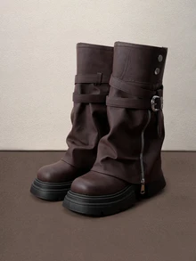 Hatastic Fall/Winter 2025 Brown Zipper Metal Decor Strap Ankle Boots, Thick Sole Square Toe Halloween - Brown - View 3