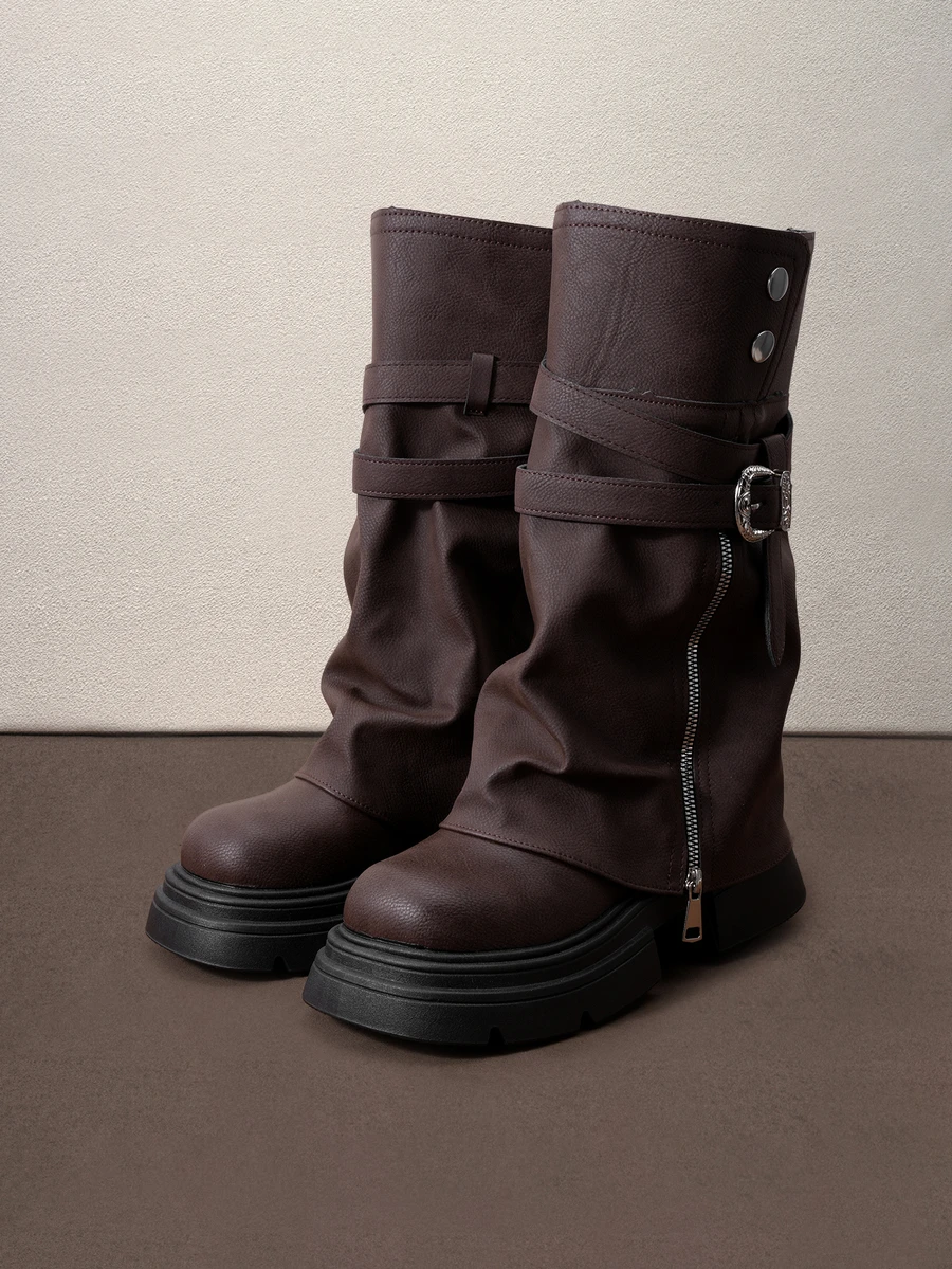 Hatastic Fall/Winter 2025 Brown Zipper Metal Decor Strap Ankle Boots, Thick Sole Square Toe Halloween - Brown - View 1