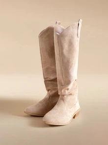 Glizzene Women's V-Cut Fashion Slip-On Pointed Toe Chelsea Riding Boots, Autumn/Winter Long Shaft Western Style Pleated Boots - Khaki - View 2