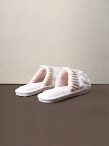 Hatastic Women's Bowknot Design Loose Fit Open Toe Slippers, Comfortable Solid Color Plush House Shoes For Bedroom And Floor Halloween - White - View 2