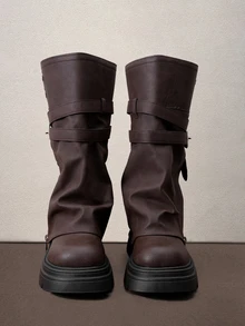 Hatastic Fall/Winter 2025 Brown Zipper Metal Decor Strap Ankle Boots, Thick Sole Square Toe Halloween - Brown - View 1