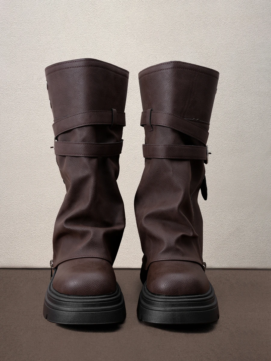 Hatastic Fall/Winter 2025 Brown Zipper Metal Decor Strap Ankle Boots, Thick Sole Square Toe Halloween - Brown - View 1