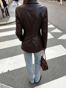 Women's Fashion Deep Brown PU Leather Gold Button Overlap Collar Design Jacket, Autumn/Winter - Chocolate Brown - View 2