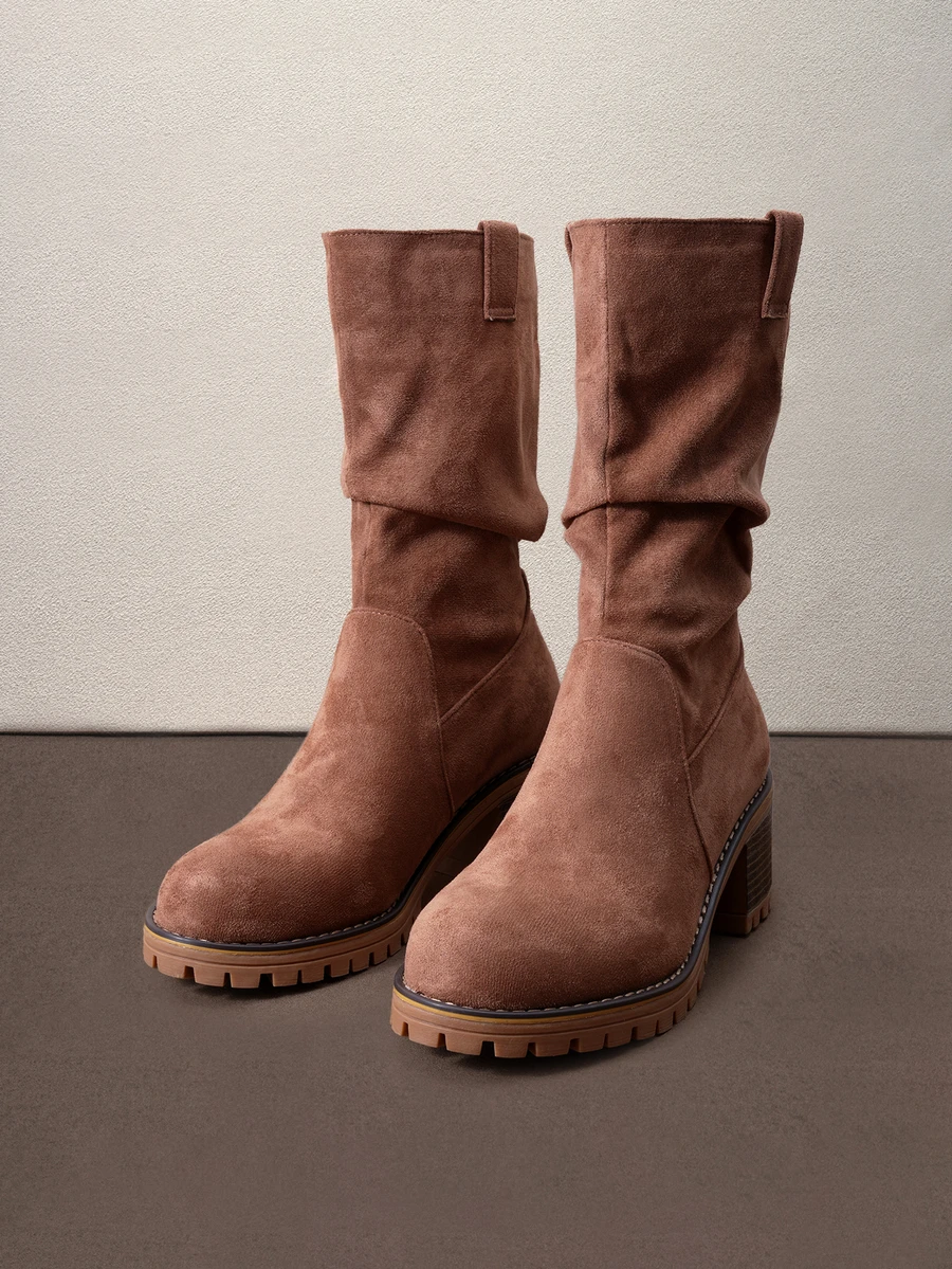 Hatastic Autumn/Winter Women's Brown Suede Round Toe Chunky Heel Western Cowboy Boots, Home And Daily Wear Halloween - Brown - View 1