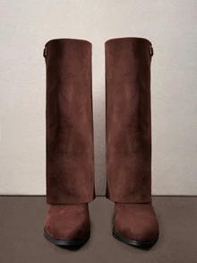 Hatastic 1 Pair Women's Fashionable Solid Color Velvet Sexy Mid-Calf Boots, Versatile And Comfortable Halloween - Rust Brown - View 1