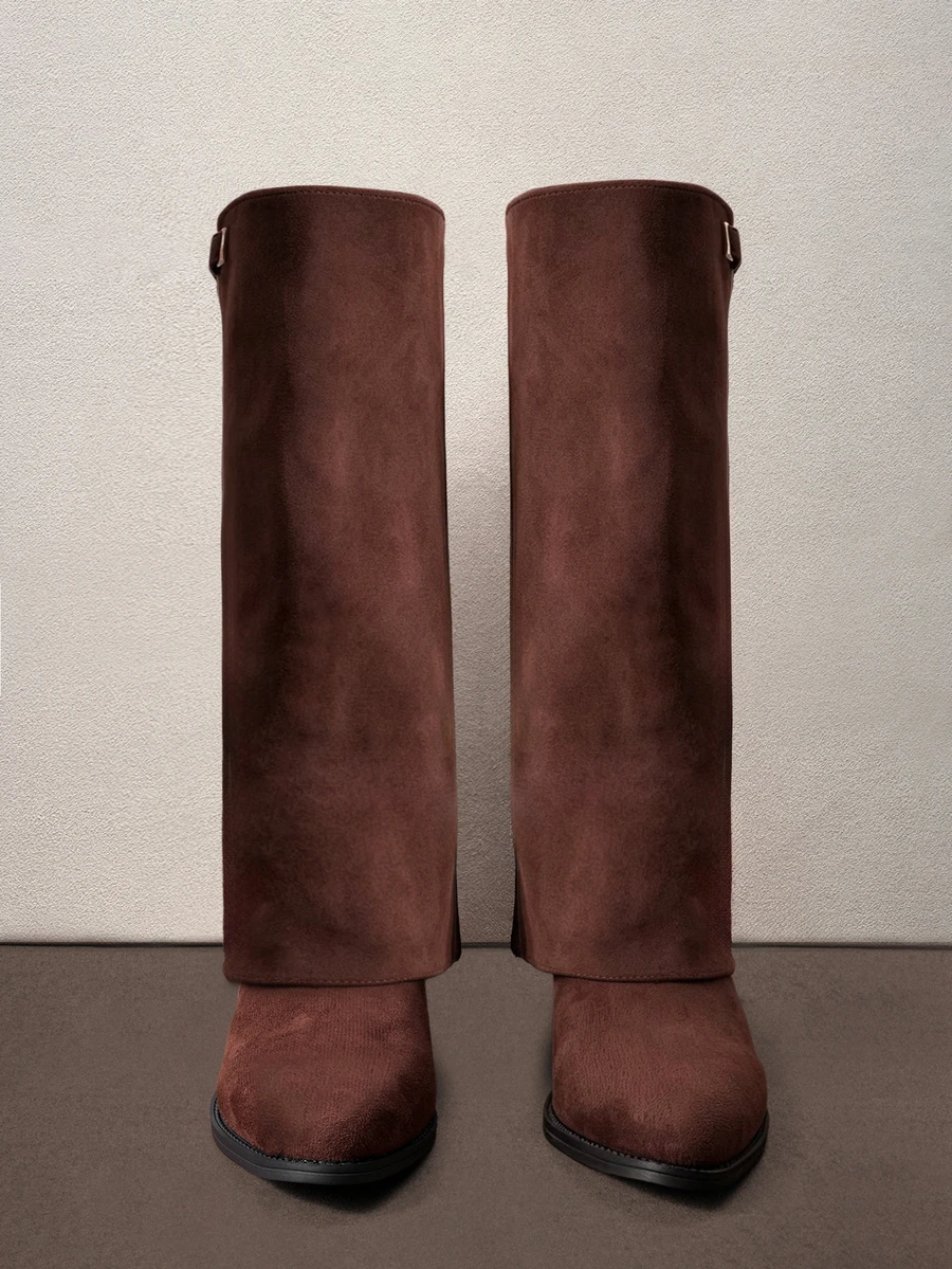 Hatastic 1 Pair Women's Fashionable Solid Color Velvet Sexy Mid-Calf Boots, Versatile And Comfortable Halloween - Rust Brown - View 1