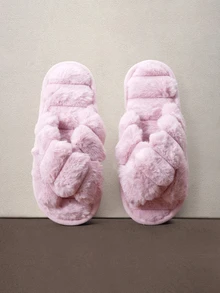 Hatastic Fall/Winter Women's Slippers With Criss-Cross Strap & Fluffy Decor, Slippers Halloween - Dusty Pink - View 1