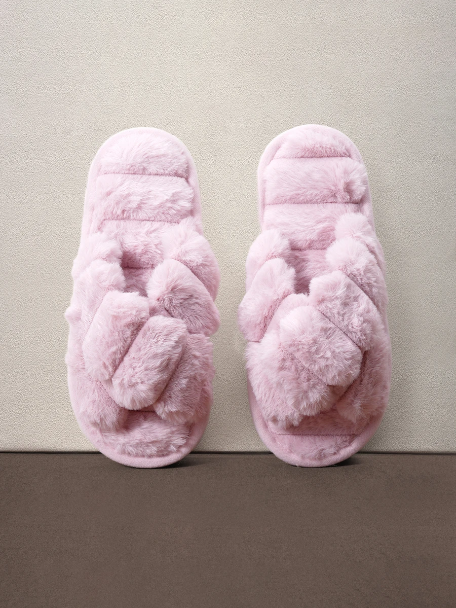 Hatastic Fall/Winter Women's Slippers With Criss-Cross Strap & Fluffy Decor, Slippers Halloween - Dusty Pink - View 1