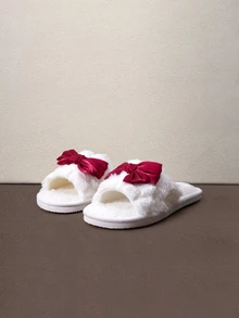Hatastic Spring Women's Bowknot Open Toe Plush Warm Slippers, Comfortable Breathable Indoor House Shoes For All Seasons Halloween - Burgundy - View 3