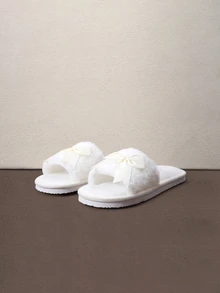Hatastic New Women's Solid Color Bow Decor Plush Open Toe Slippers, Comfortable Indoor Floor Slippers For All Seasons Halloween - White - View 3