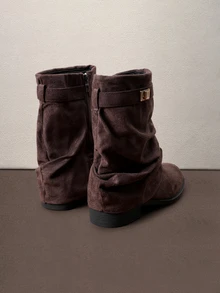 Hatastic 2025 Western Ruched Ankle Boots For Women, Autumn/Winter Vintage Cowboy Riding Boots With Buckle, Holiday Style Halloween - Chocolate Brown - View 2