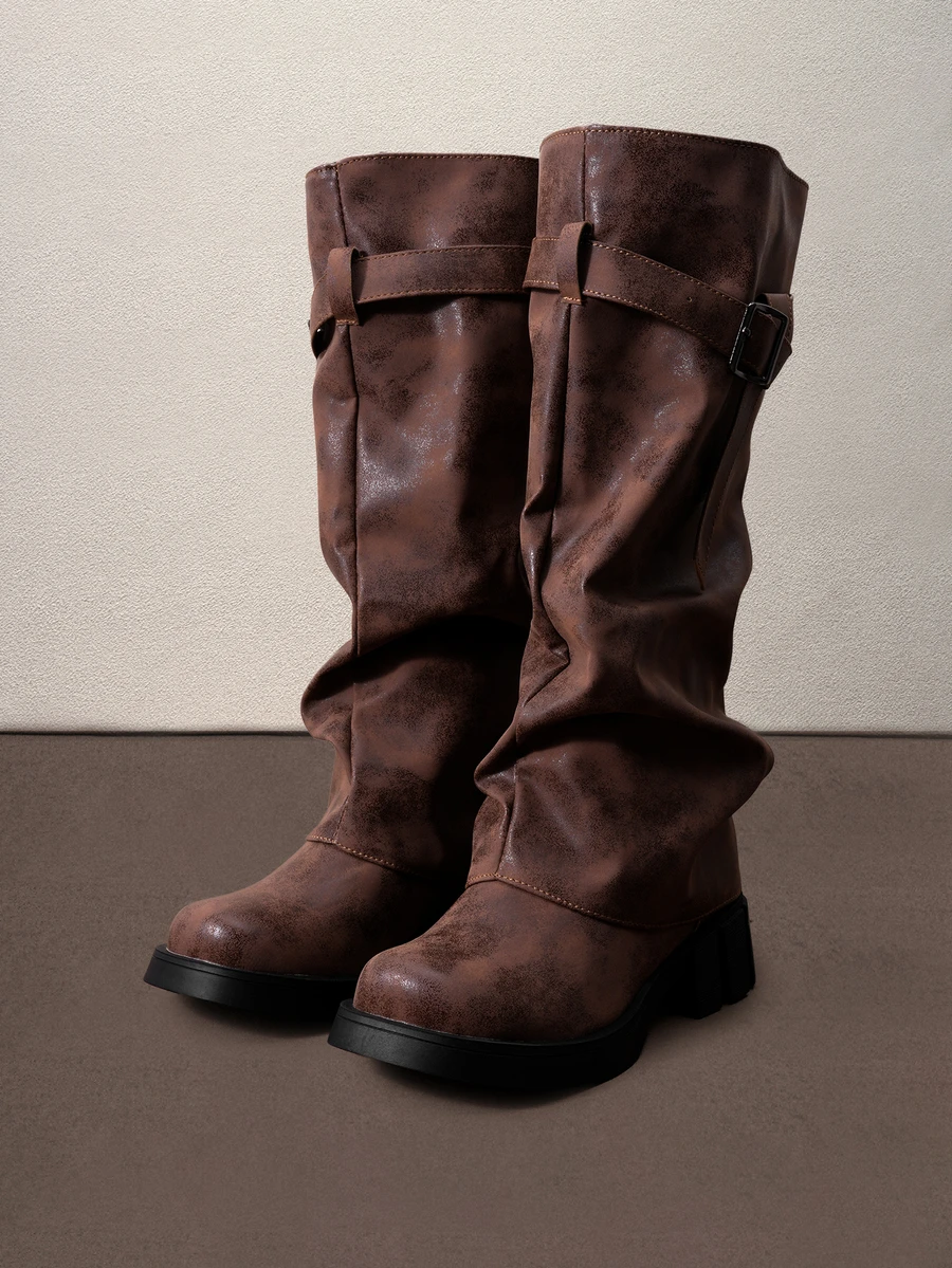 Hatastic Fall/Winter 2025 2024 New Vintage Mid-Heel Fashion Boots For Women, Distressed Riding Boots With Buckle, Brown Boots Halloween - Brown - View 1
