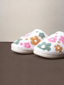 Hatastic Floral Plant Fresh Soft Velvet Comfortable Flat Slippers Halloween - White - View 4