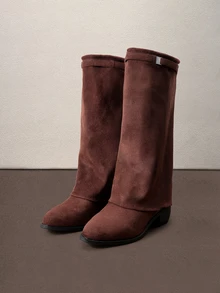 Hatastic 1 Pair Women's Fashionable Solid Color Velvet Sexy Mid-Calf Boots, Versatile And Comfortable Halloween - Rust Brown - View 3