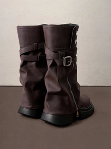 Hatastic Fall/Winter 2025 Brown Zipper Metal Decor Strap Ankle Boots, Thick Sole Square Toe Halloween - Brown - View 2