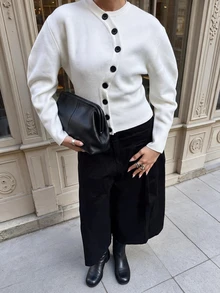 Women's Asymmetric Front Knit Cardigan, Puff Sleeve Slim Fit Commuter Top, Suitable For Spring And Autumn, White - White - View 2