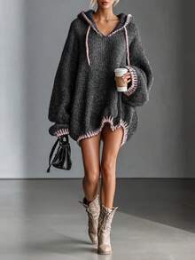 Women's Hooded Drawstring Colorblock Long Sleeve Loose Fit Autumn/Winter Lazy Fashion Casual Mid-Length Knit Pullover, Street Style Outfit - Dark Grey - View 1