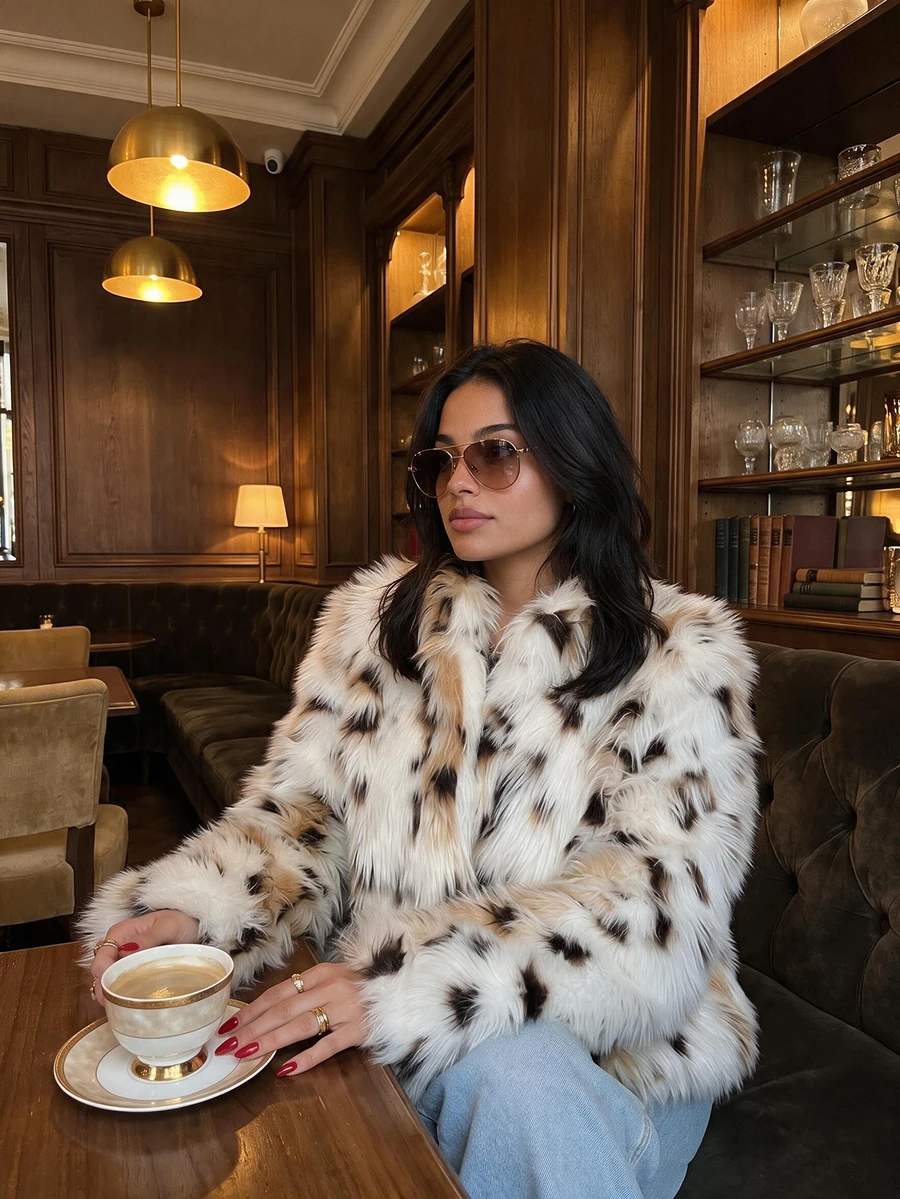 Women's Loose Lapel Patchwork Leopard Print Faux Fur Effect Coat, Autumn/Winter Vacation Jacket - Multicolor - View 1