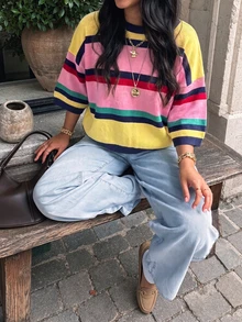Women's New Autumn Colorblock Striped Knit Top, Casual Daily Commute, Preppy Style - Yellow and Pink - View 10