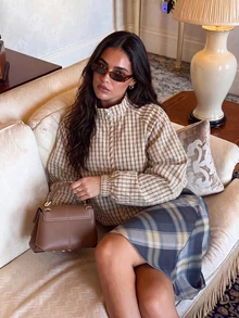 Women's Vintage Plaid Zipper Jacket, Regular Fit Drop Shoulder Coat, Suitable For Spring And Autumn - Khaki - View 1