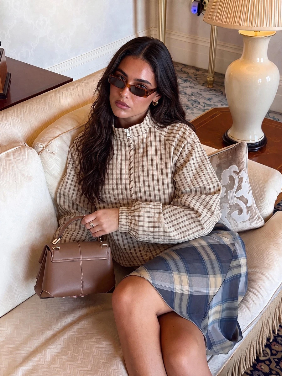 Women's Vintage Plaid Zipper Jacket, Regular Fit Drop Shoulder Coat, Suitable For Spring And Autumn - Khaki - View 1