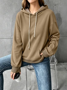 Women's Plus Size Hooded Sweatshirt, Cute Teddy Bear Pattern, Suitable For Comfortable Autumn/Winter Style - Brown - View 2