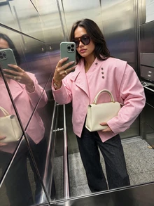 Women's High Neck Solid Pink Lightweight Jacket, Casual Loose Long Sleeve Outerwear, Suitable For Spring And Autumn - Pink - View 2