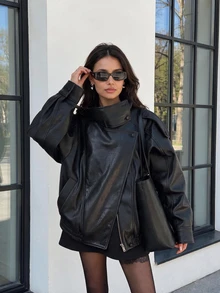 New Vintage Bomber PU Leather Jacket, Solid Color Casual Zipper Pocket Jacket, PU Leather Jacket, Regular Fit Black Fall - Black - View 5
