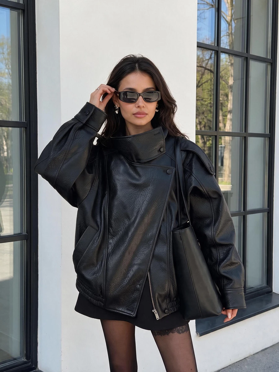 Jaket Bomber Kulit PU Vintage Baru, Jaket Kasual Warna Polos dengan Kantong Resleting, Jaket Kulit PU, Potongan Reguler