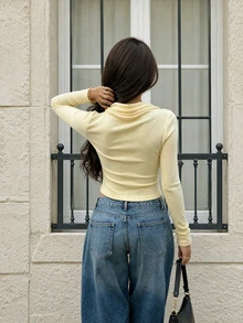 Women's Fashion Casual Slim Fit Long Sleeve Cowl Neck Top - Yellow - View 2