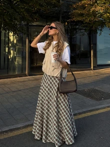 Women's Elegant Casual Green Plaid Long Skirt, Suitable For Office, Vacation, Outings - Olive Green - View 2