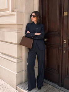 Women's Autumn Elegant Casual Fashion Black Button Cardigan Long Sleeve Blazer And Pants 2-Piece Set, Suitable For Office And Outings - Black - View 3