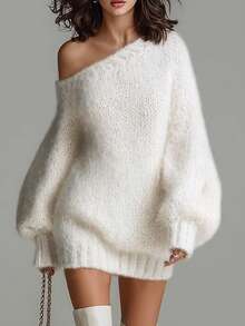 Women's Off-Shoulder Ribbed Lantern Sleeve Loose French Slouchy Elegant Versatile Knit Long Sleeve Dress, Suitable For Daily, Party And Date Wear - White - View 1