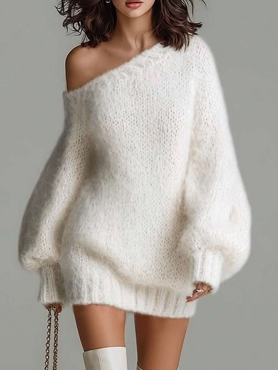 Women's Off-Shoulder Ribbed Lantern Sleeve Loose French Slouchy Elegant Versatile Knit Long Sleeve Dress, Suitable For Daily, Party And Date Wear - White - View 1