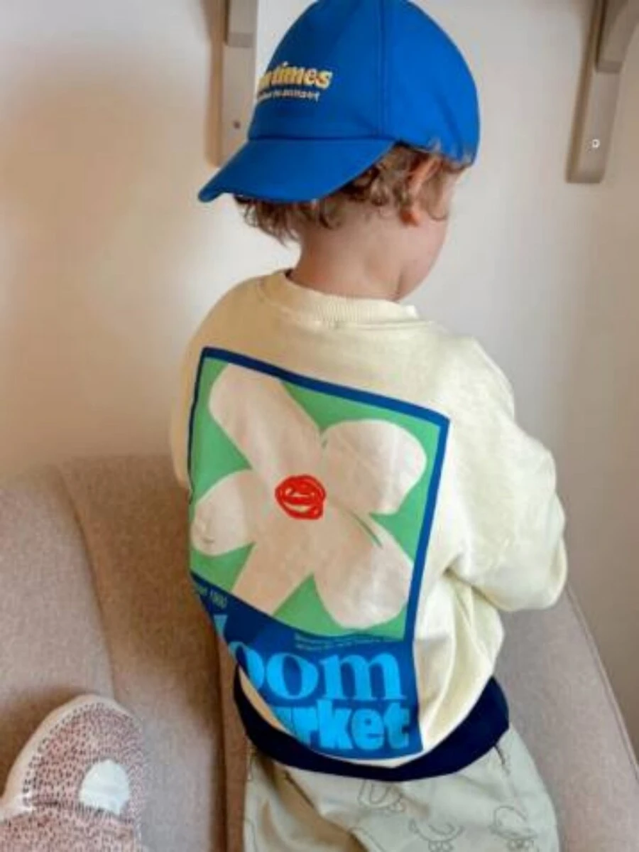 1pc Baby Boy Round Neck Sweatshirt, Contrast Color Square Frame Floral Bloom Market Letter Print, Loose Fit, Spring/Autumn, Light Apricot, Fresh Artistic Versatile Casual Kids Wear - Apricot - View 1