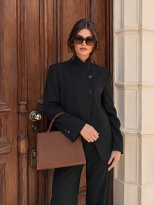 Women's Autumn Elegant Casual Fashion Black Button Cardigan Long Sleeve Blazer And Pants 2-Piece Set, Suitable For Office And Outings - Black - View 1