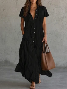 Gaun Maxi Wanita Lengan Pendek Berkerah Warna Hitam Polos, Kancing Depan & Desain Saku, Hem Berumbai Berlapis, Gaun Panjang Kasual Longgar dan Mengalir - Hitam - View 2