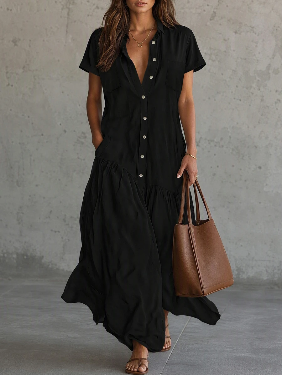 Gaun Maxi Wanita Lengan Pendek Berkerah Warna Hitam Polos, Kancing Depan & Desain Saku, Hem Berumbai Berlapis, Gaun Panjang Kasual Longgar dan Mengalir
