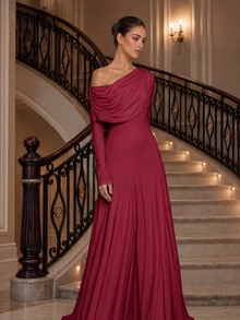 Solid Color One Shoulder Long Sleeve Formal Dress For Women, Draped Neck Mermaid Long Gown, Elegant Evening Party Cocktail Prom Dress For Fall Winter - Burgundy - View 4