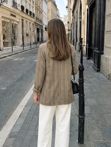 Women's Autumn Elegant Casual Brown Plaid Button-Up Long Sleeve Cardigan Jacket, Suitable For Vacation, Office, Outings - Multicolor - View 4