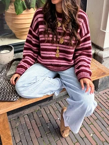 MORI 秋冬女款 Y2K 時尚粉色條紋拼色針織上衣 圓領寬鬆套頭外套 校園休閒穿搭 - 彩色 - 查看 8