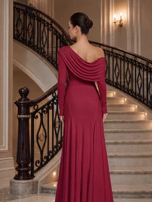 Solid Color One Shoulder Long Sleeve Formal Dress For Women, Draped Neck Mermaid Long Gown, Elegant Evening Party Cocktail Prom Dress For Fall Winter - Burgundy - View 5
