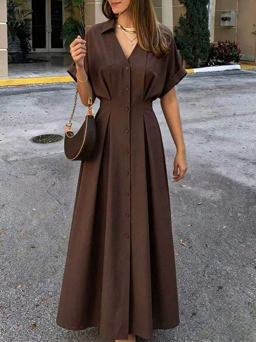 Women's Elegant Solid Color Casual Dress, Elegant Fabric Decoration, Suitable For Outings And Back To School - Brown - View 1