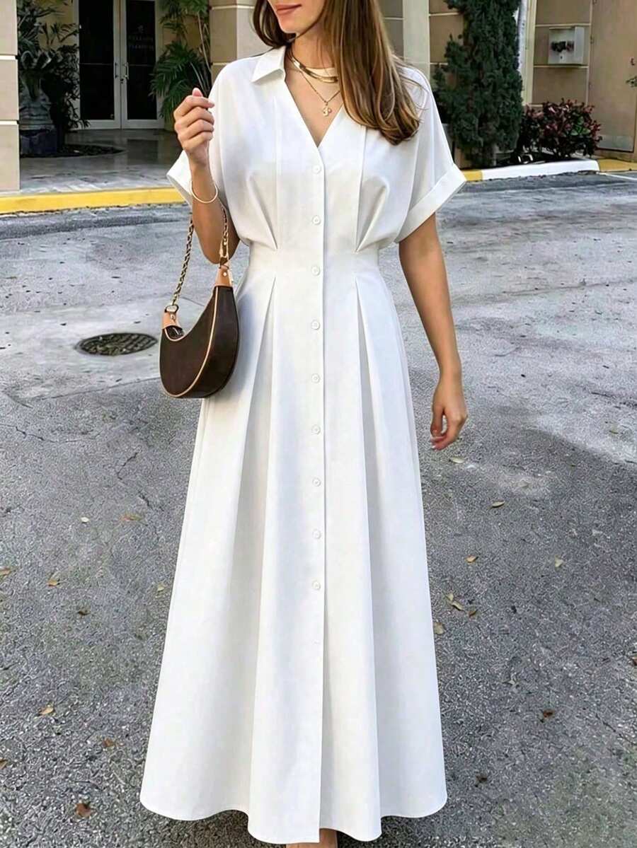 Gaun Kasual Wanita Elegan Warna Polos dengan Dekorasi Kain, Cocok untuk Jalan-jalan dan Kembali ke Sekolah - Putih - View 1