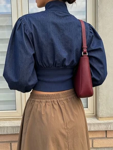 Women's Casual Blue Denim Short Ribbed Stand Collar Jacket, Suitable For Daily Wear - Royal Blue - View 2