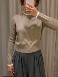 FOR BEAUTY Fall Winter Women Cardigans Y2K Chic Khaki Lace Trim Round Neck Button Front Sweaters Knit Tops Basic Business Casual Office Outfits - Mocha Brown - View 6
